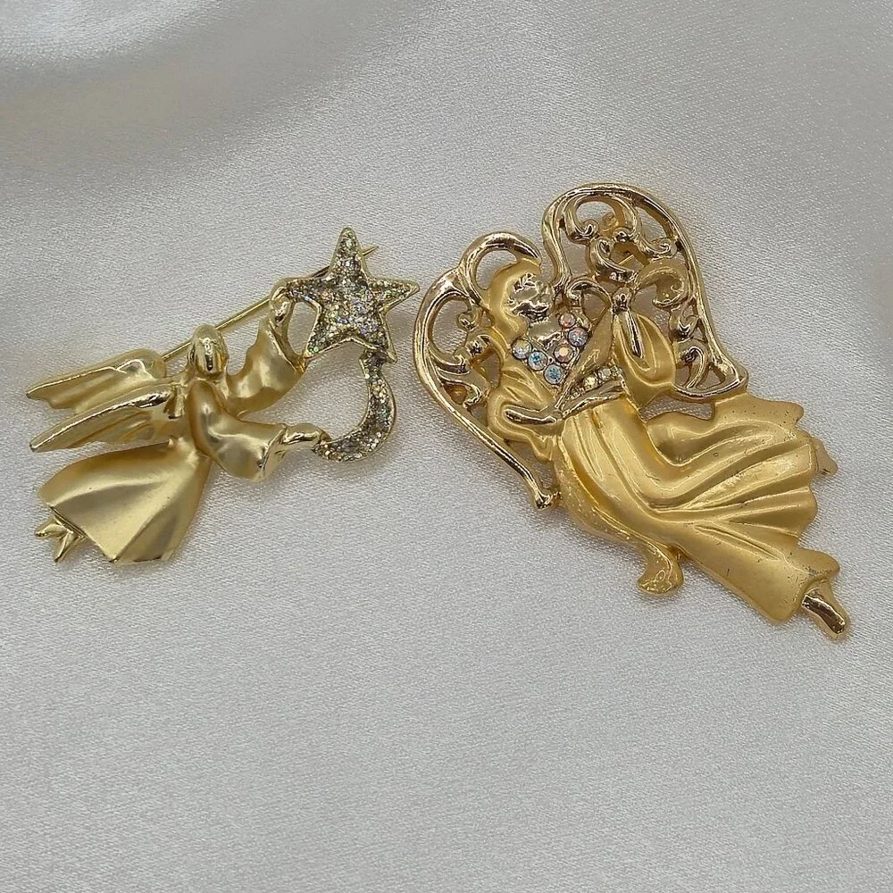 Festive Joy Holiday Gold Tone Angels Religious Faith Christian Brooch Pins‎ 2PC